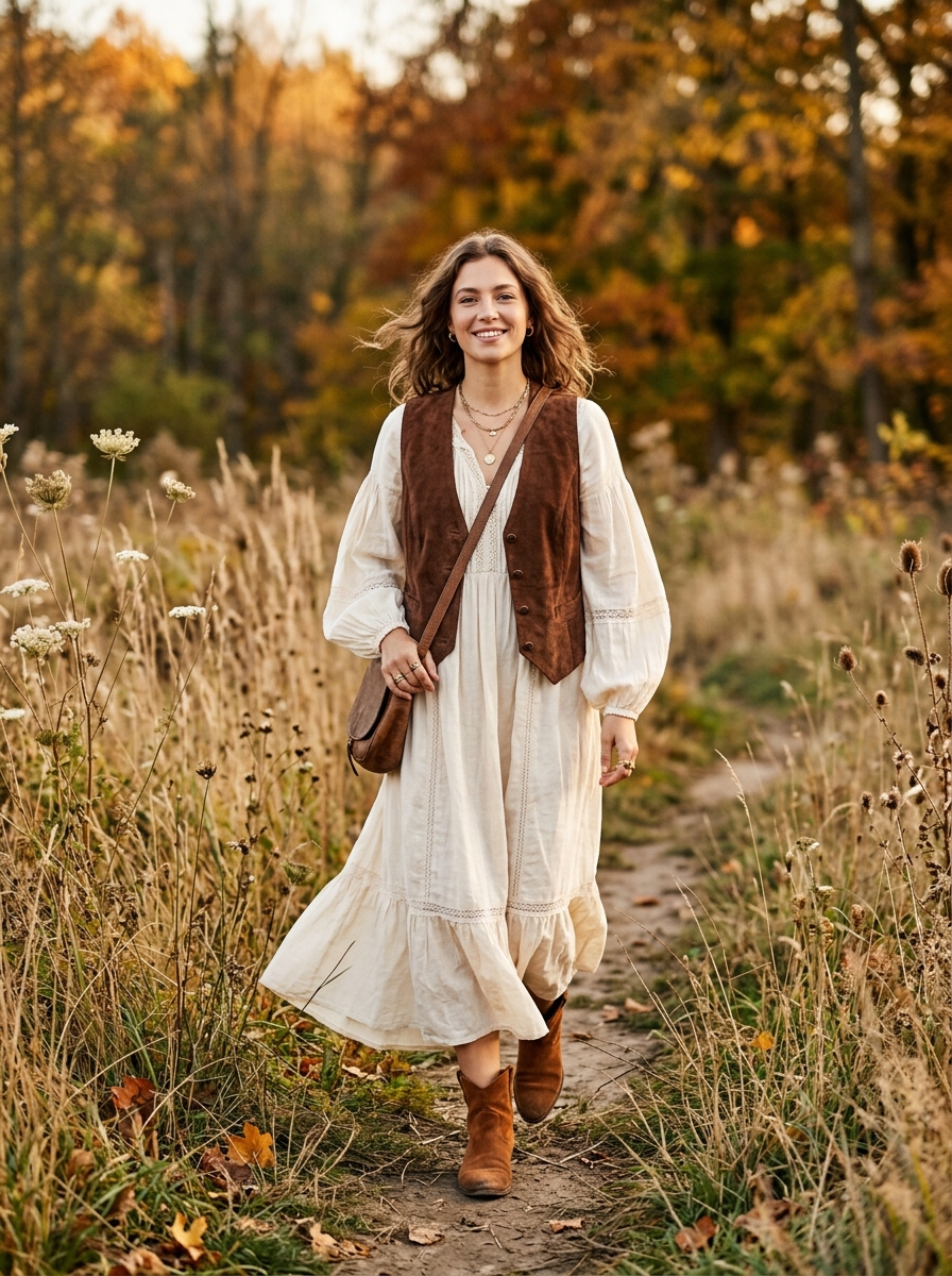 Chocolate Brown Vest With a Cream Peasant Dress