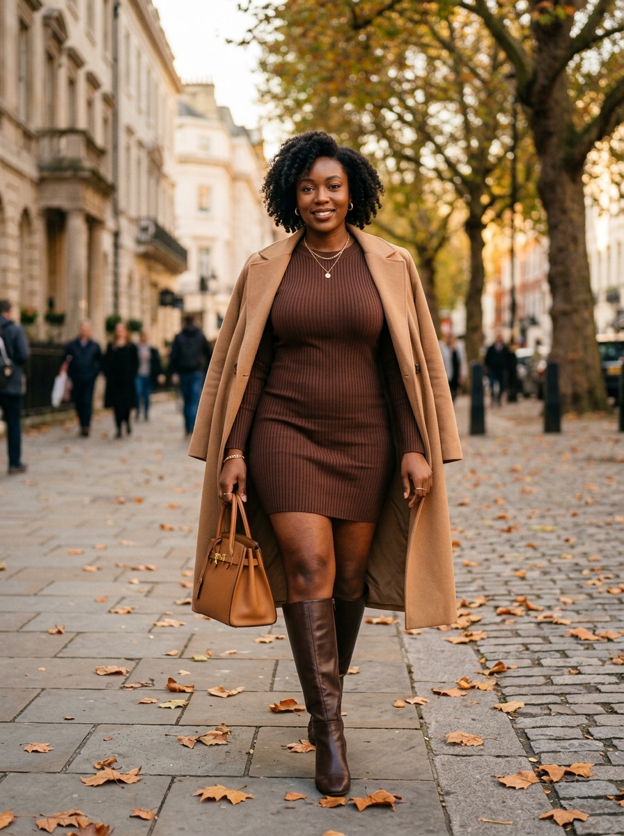 Chocolate Mini Dress With Knee-High Boots