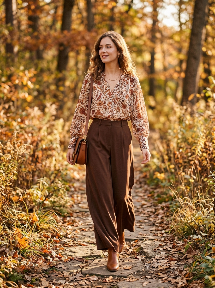 Chocolate Wide-Leg Pants With a Printed Blouse