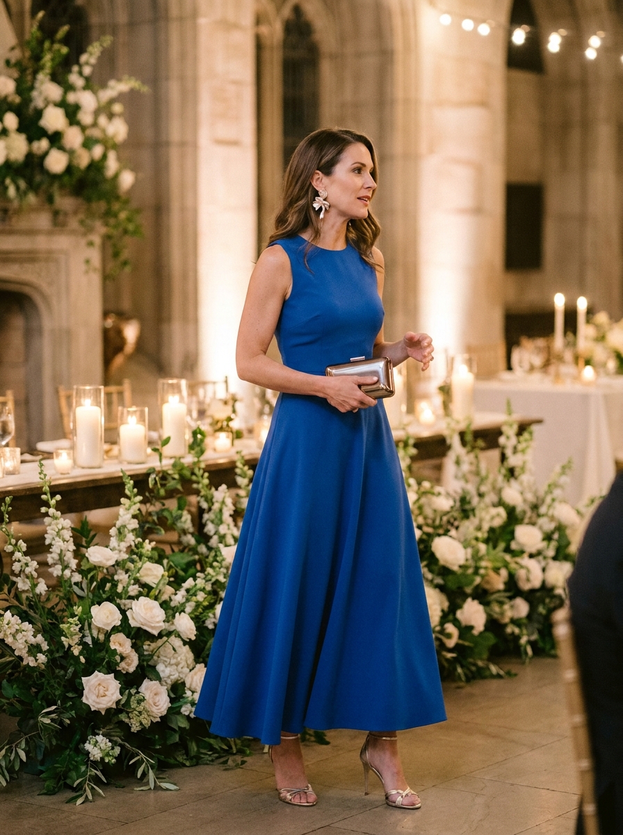 Cobalt Blue A-Line Dress With Statement Earrings
