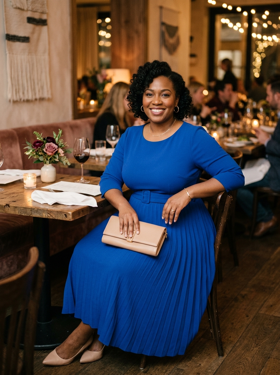 Cobalt Blue Midi Dress With a Belted Waist