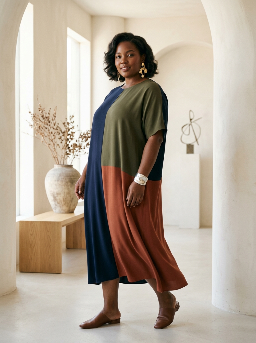 Color-Blocked Dress With Sculptural Jewelry