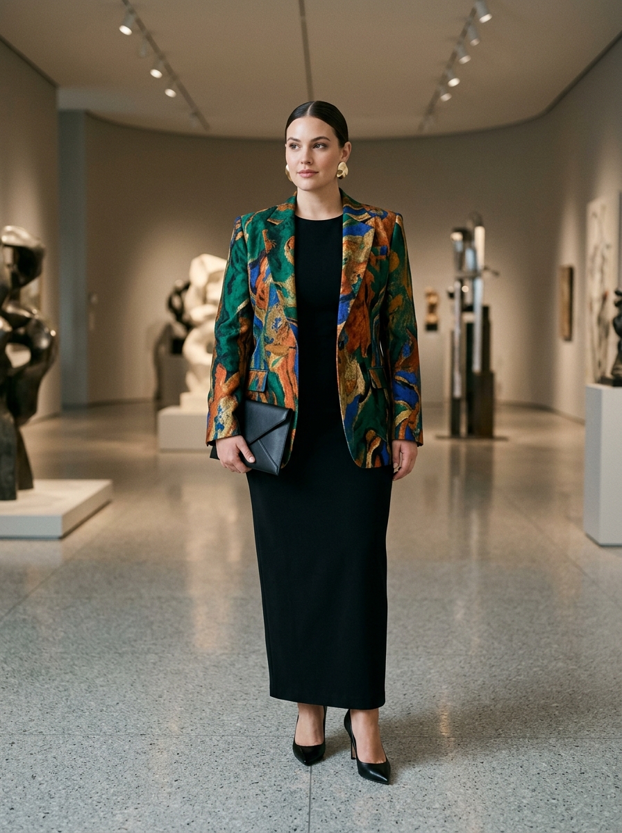 Colorful Blazer With a Black Column Dress