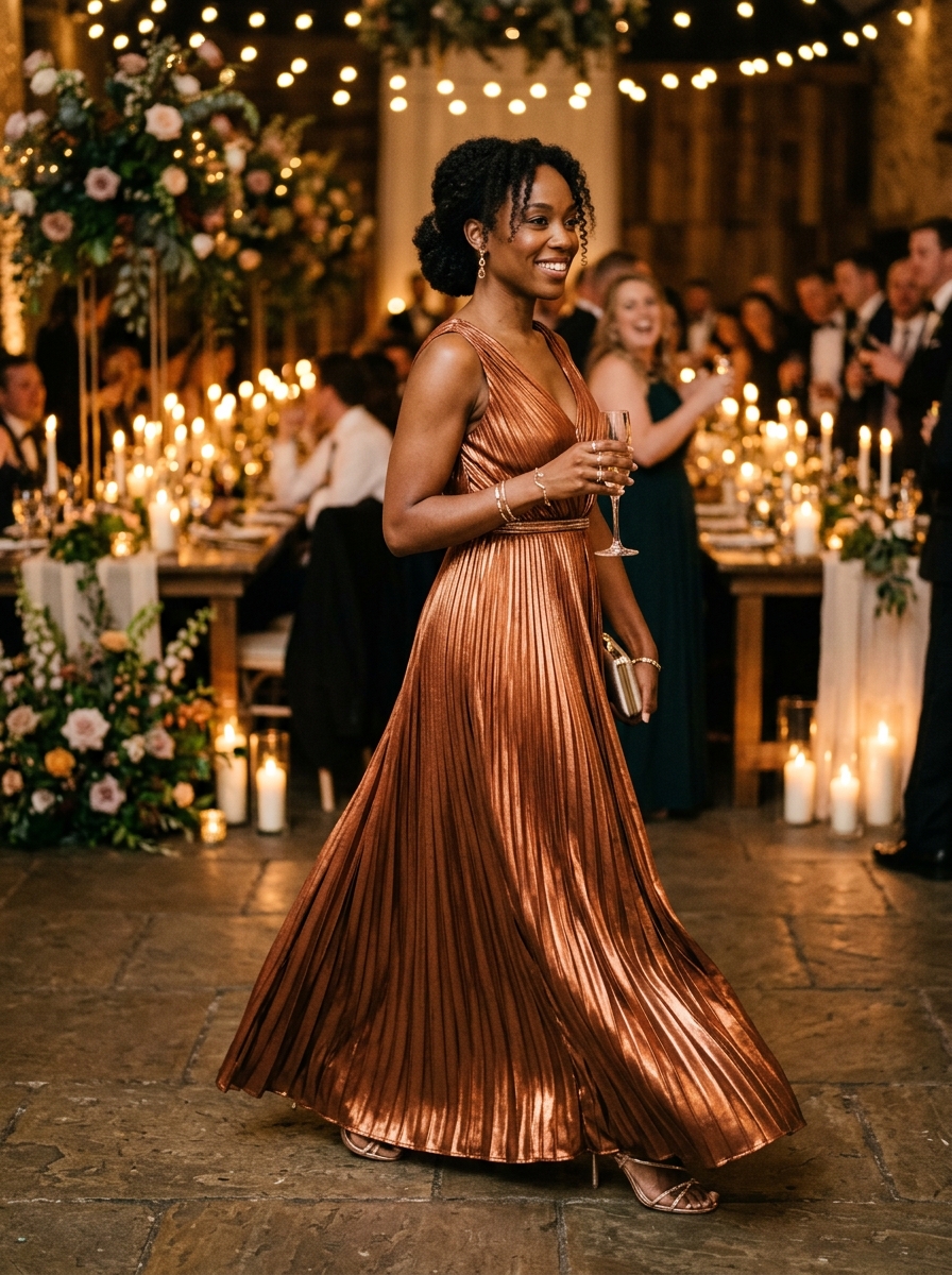 Copper Metallic Pleated Gown