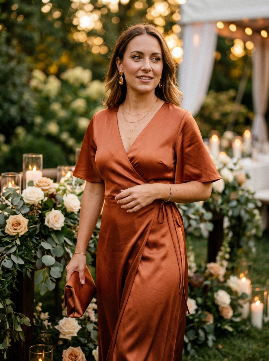 Copper Satin Wrap Dress With Warm Gold Jewelry