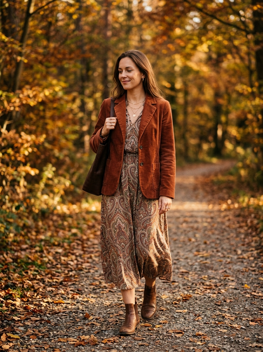 Corduroy Jacket With a Paisley Midi Dress