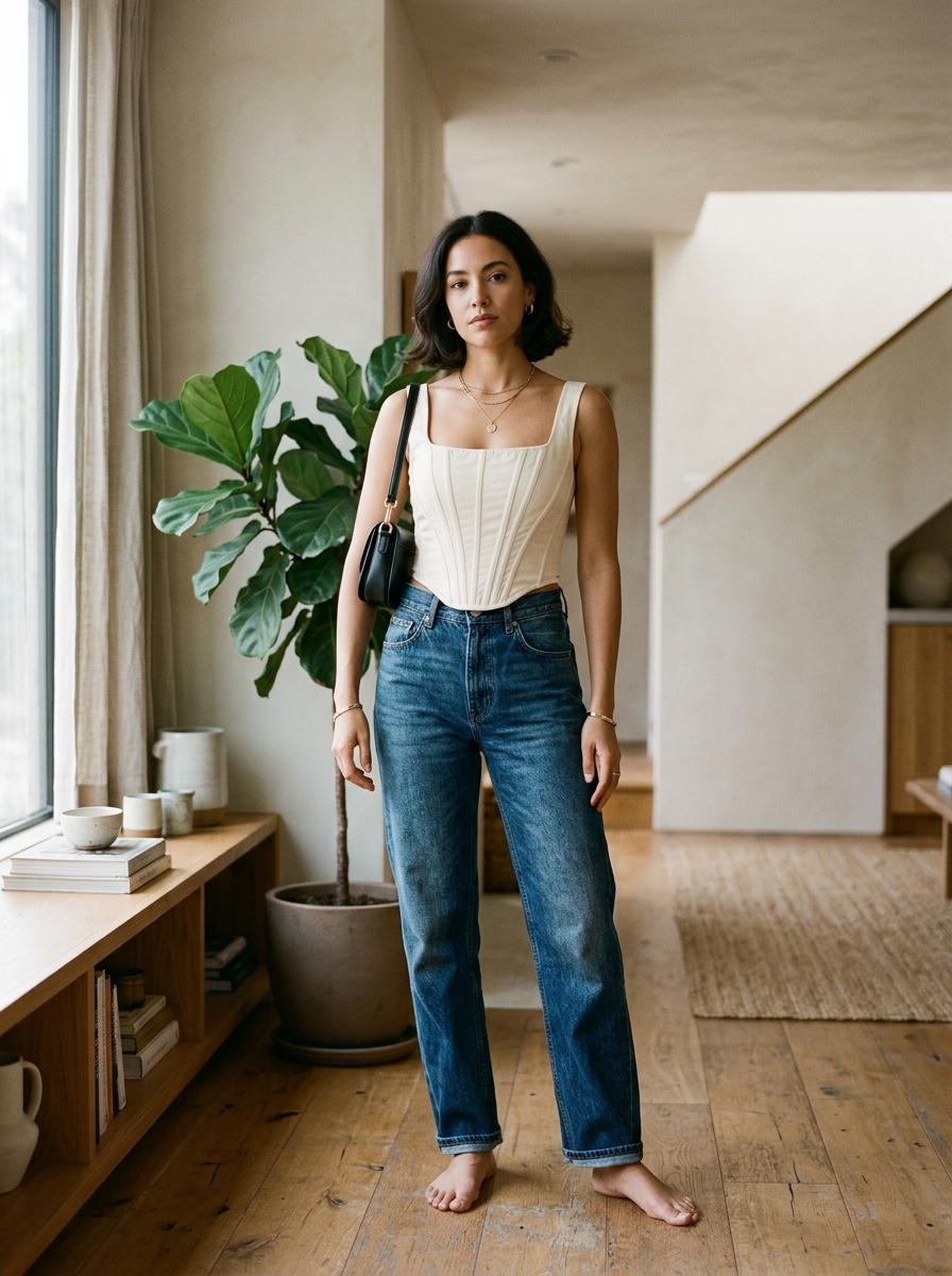 Corset-Style Top With Relaxed Jeans