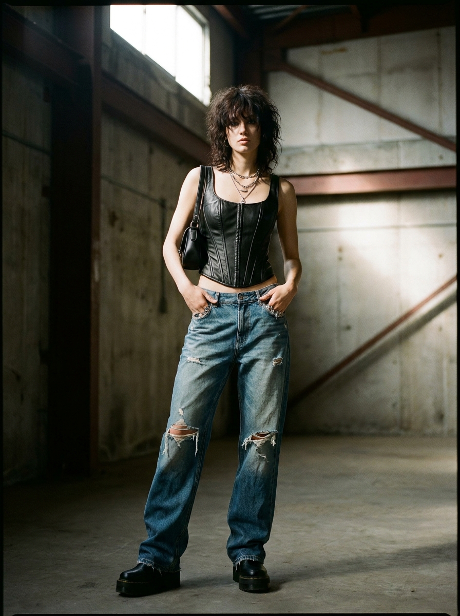 Corset Top With Distressed Denim