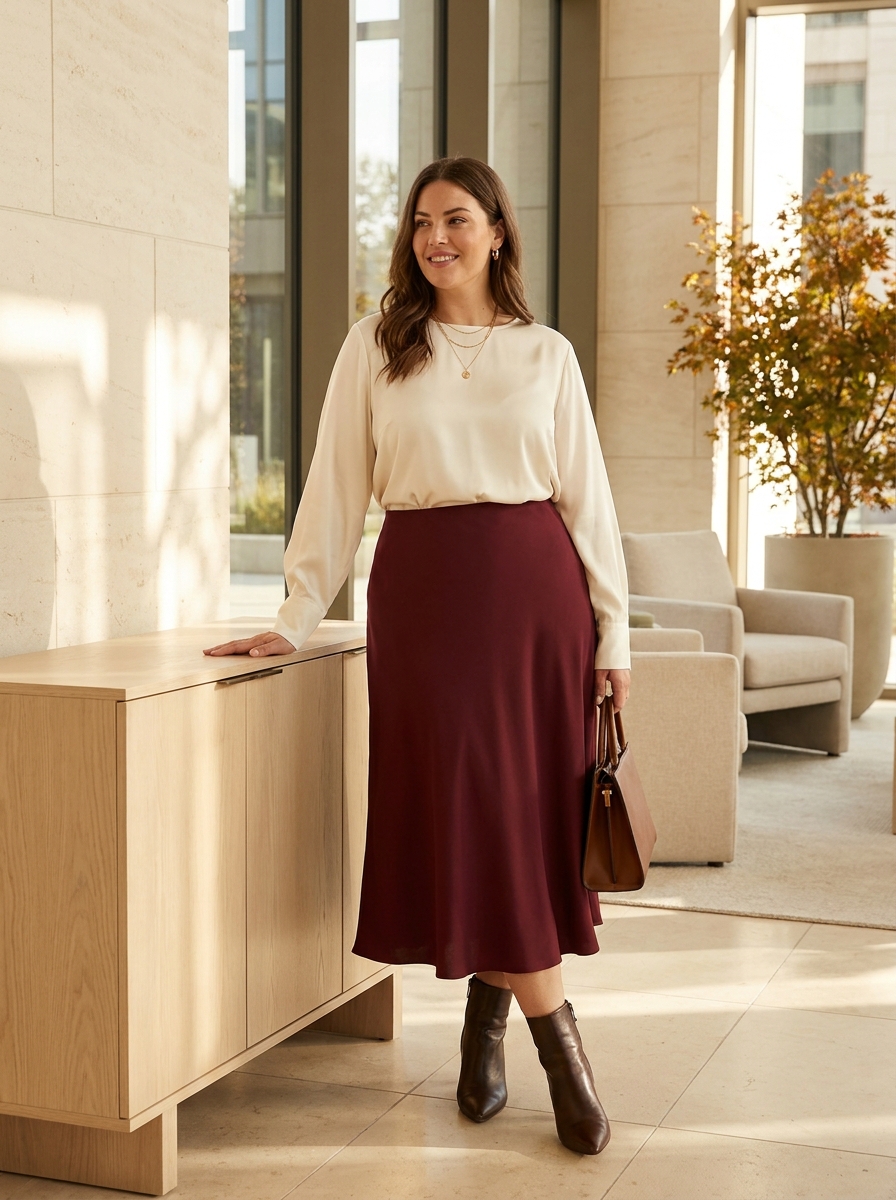 Cream Blouse With Burgundy Midi Skirt
