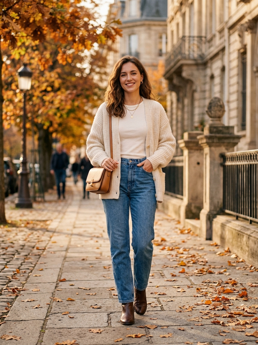 Cream Cardigan With Blue Straight Jeans