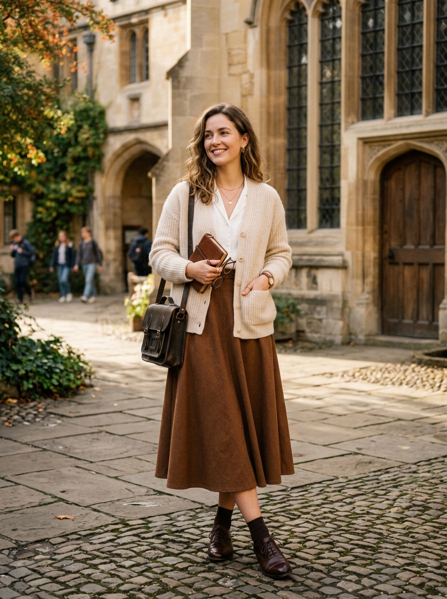 Cream Cardigan With Brown Midi Skirt and Oxfords
