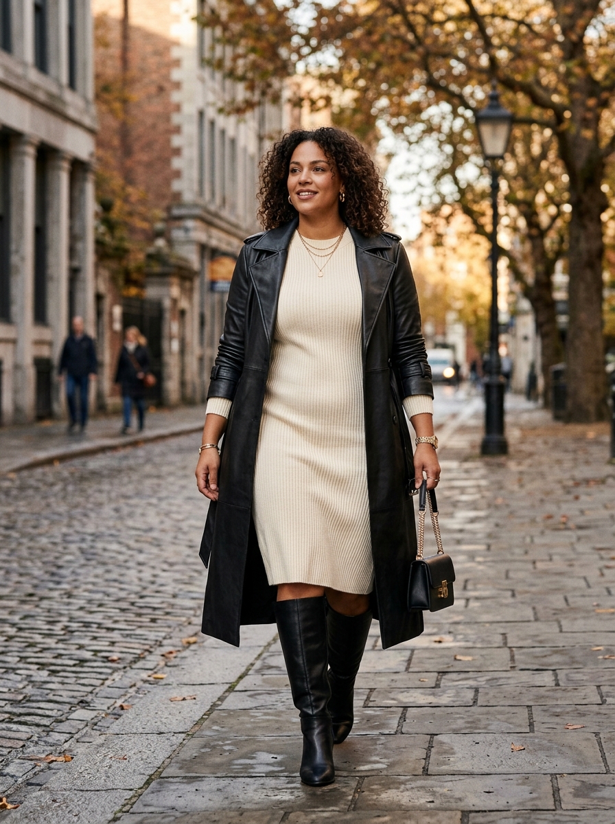 Cream Sweater Dress With a Long Leather Coat