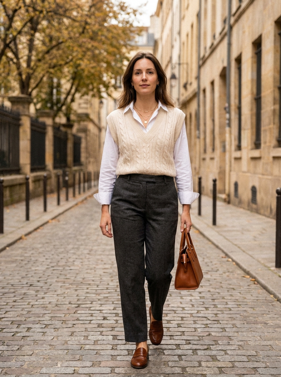 Cream Sweater Vest With Button-Down Shirt