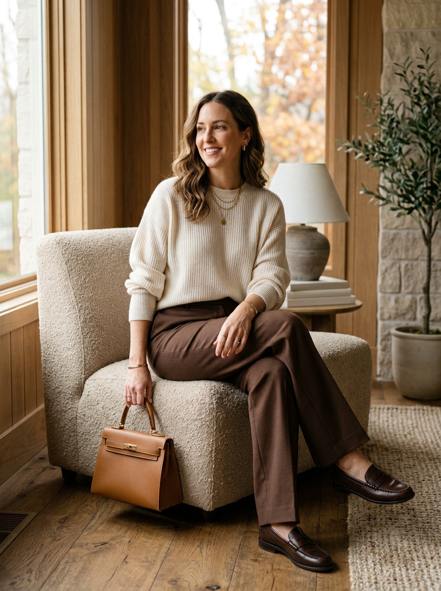 Cream Sweater With Chocolate Brown Trousers