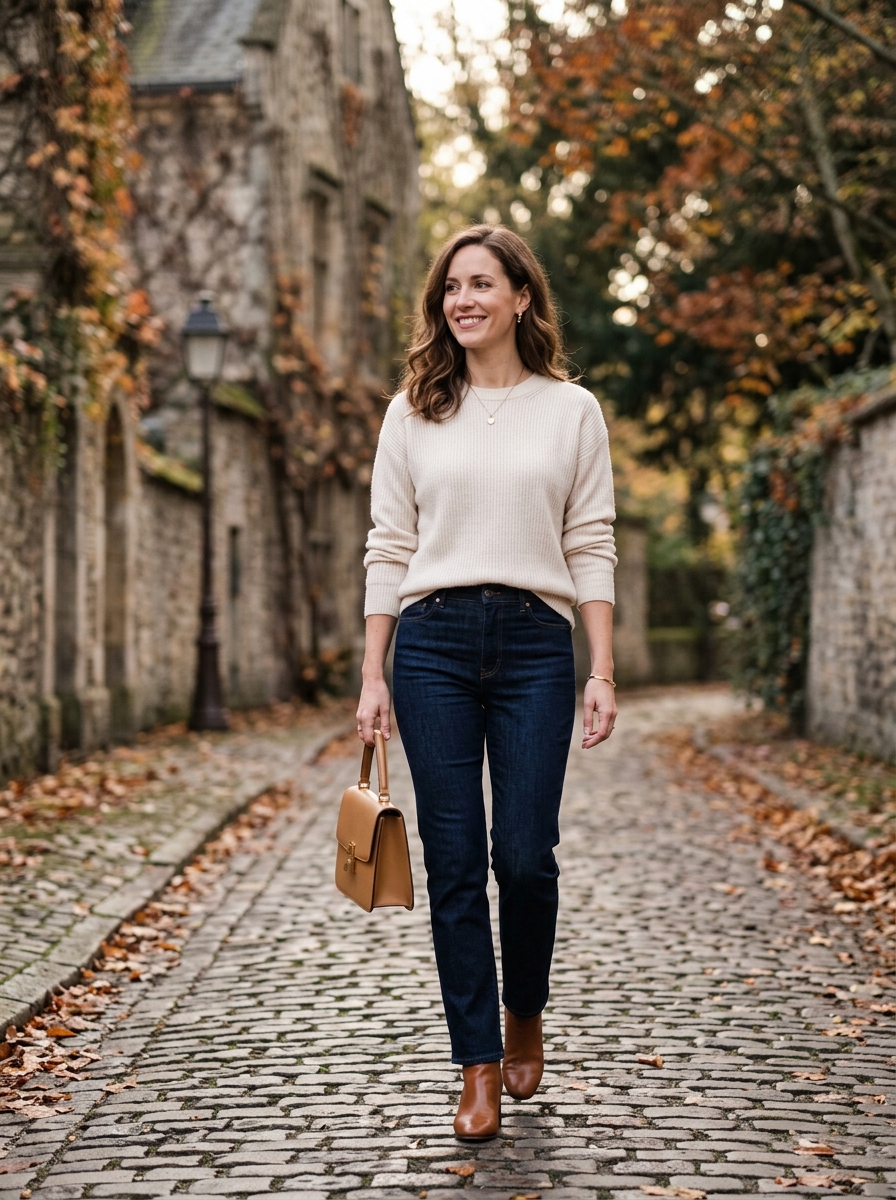Cream Sweater With Dark Straight-Leg Jeans