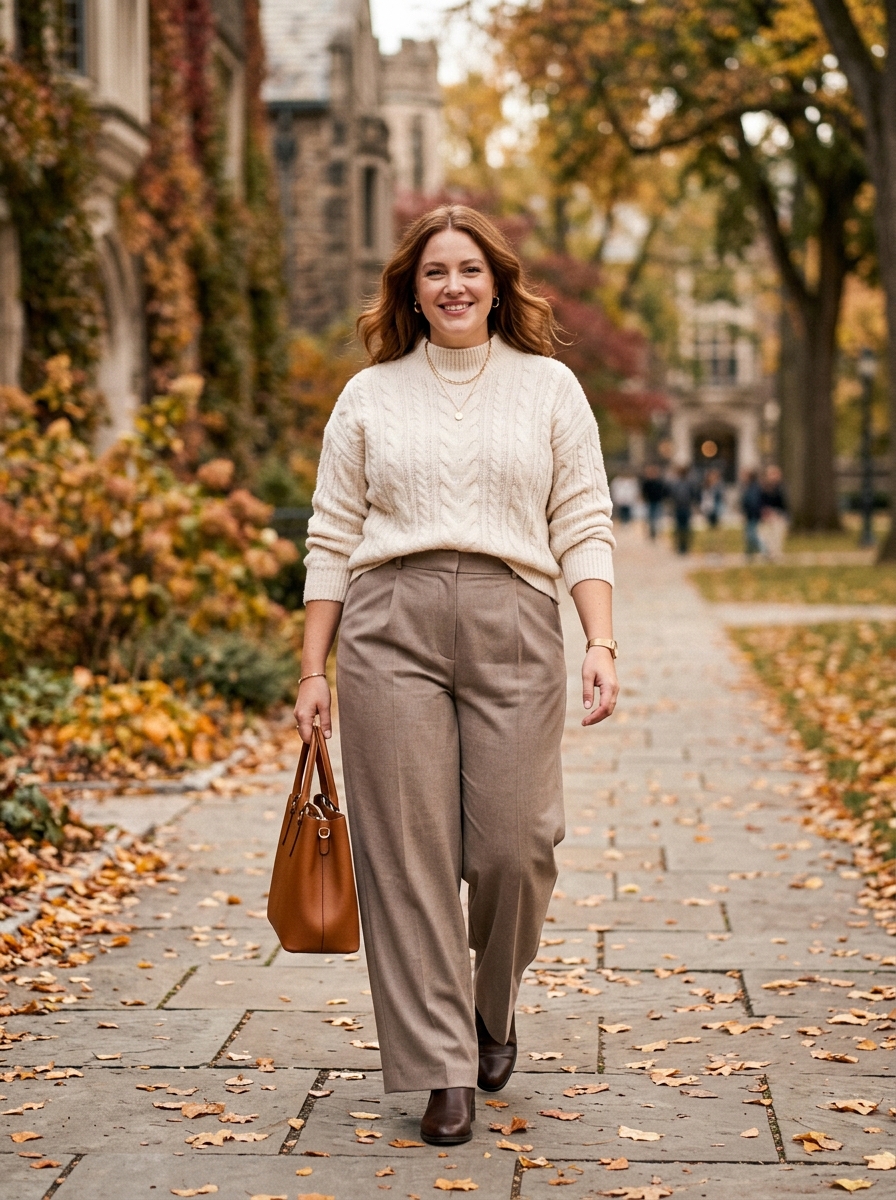 Cream Sweater With Wide-Leg Trousers
