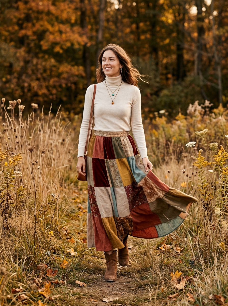 Cream Turtleneck With a Patchwork Maxi Skirt