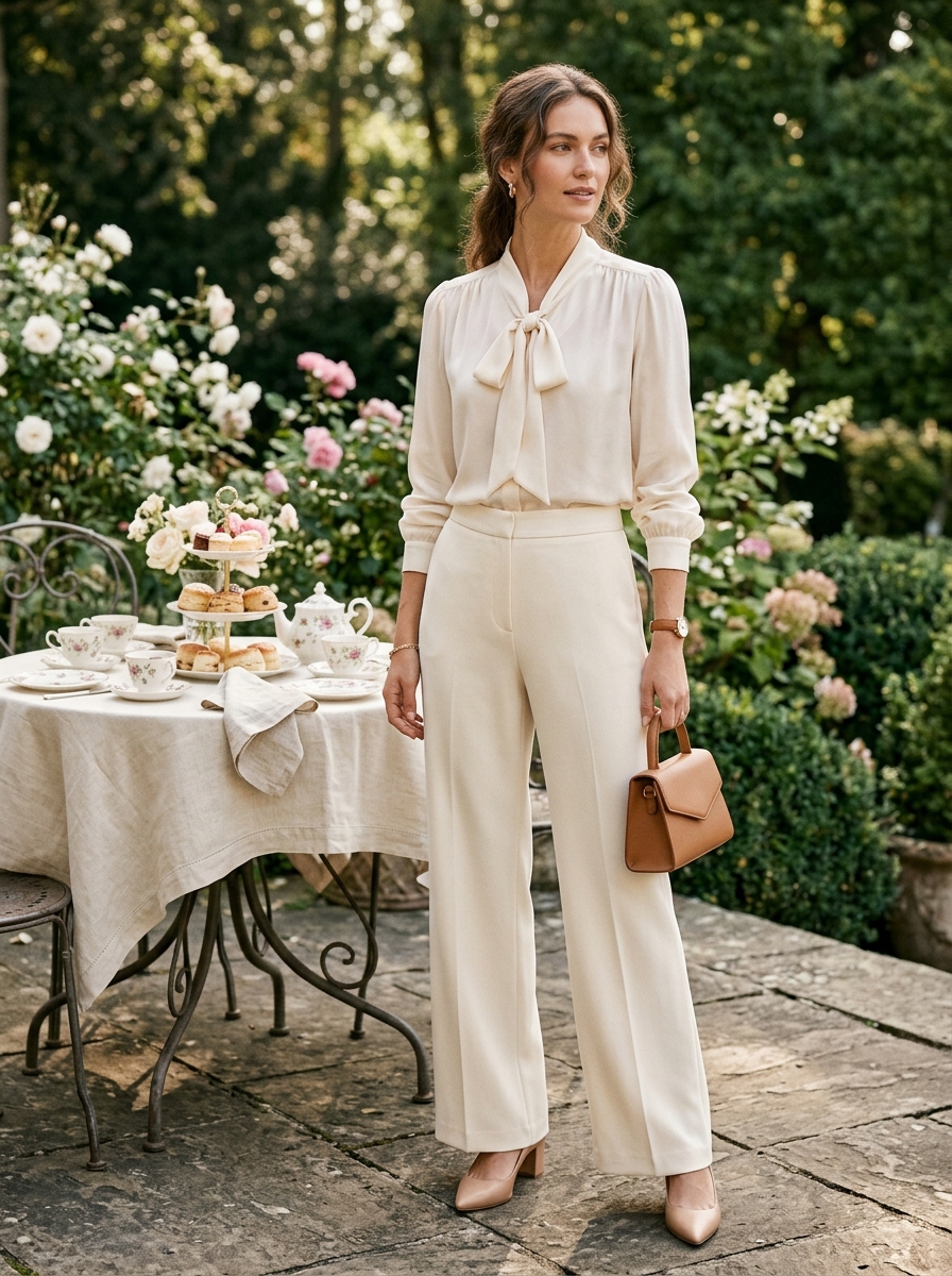 Cream Wide Leg Pants With a Bow Blouse