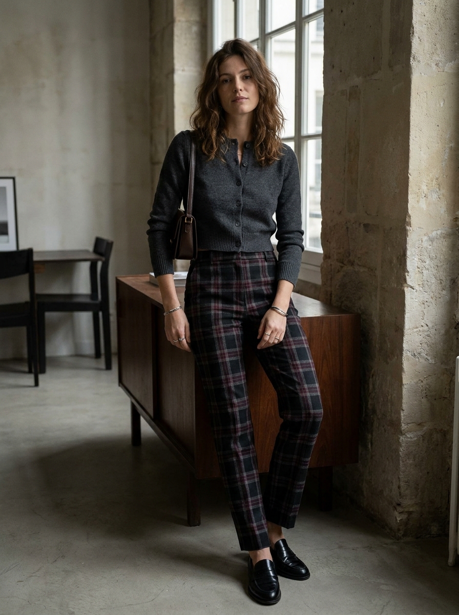 Cropped Cardigan With Plaid Trousers