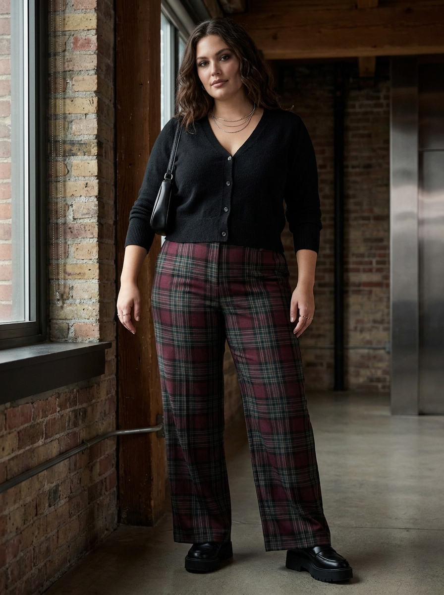 Cropped Cardigan With Tartan Wide Leg Pants