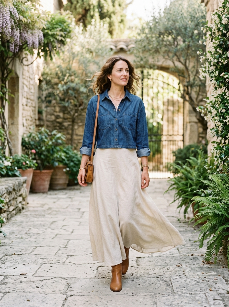Cropped Denim Shirt With Maxi Skirt