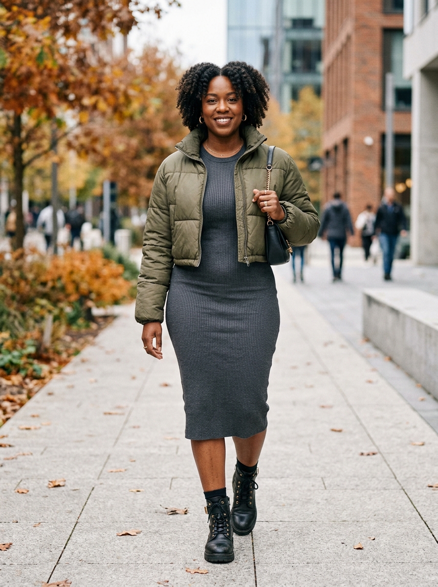 Cropped Puffer With Knit Dress and Combat Boots