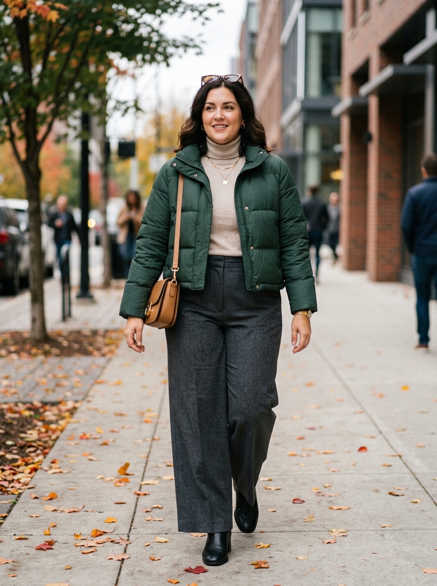 Cropped Puffer With Knit Top and Wide-Leg Trousers