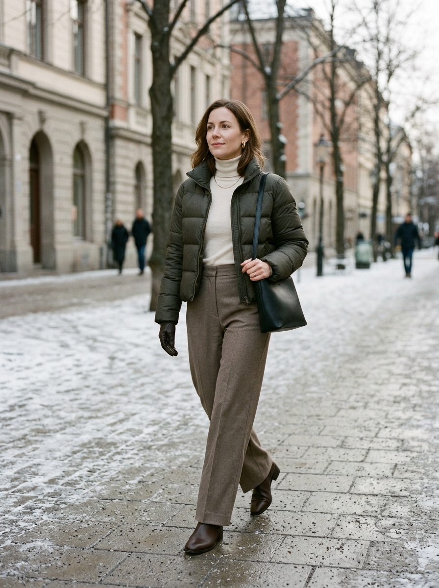 Cropped Puffer With Knit Top and Wide-Leg Trousers