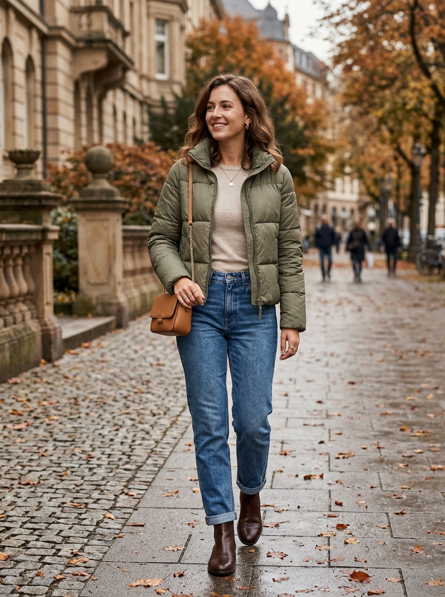 Cropped Puffer With Straight Jeans