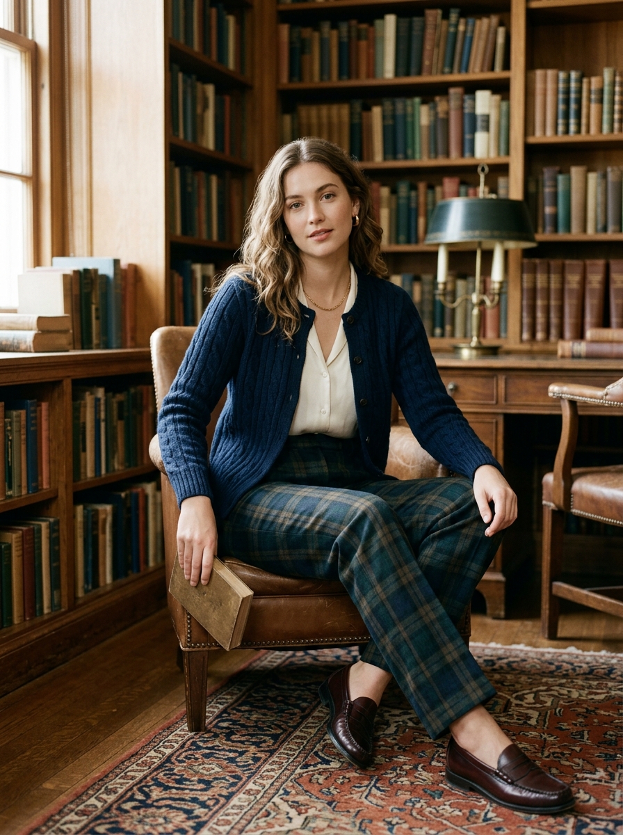 Dark Cardigan With Plaid Trousers and Loafers