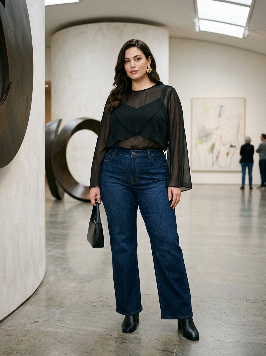 Dark Denim With a Sheer Layered Blouse
