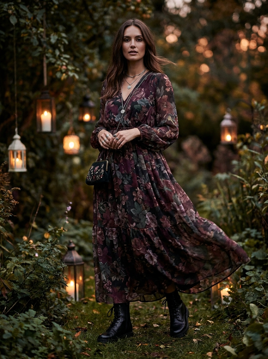 Dark Floral Maxi Dress With Combat Boots