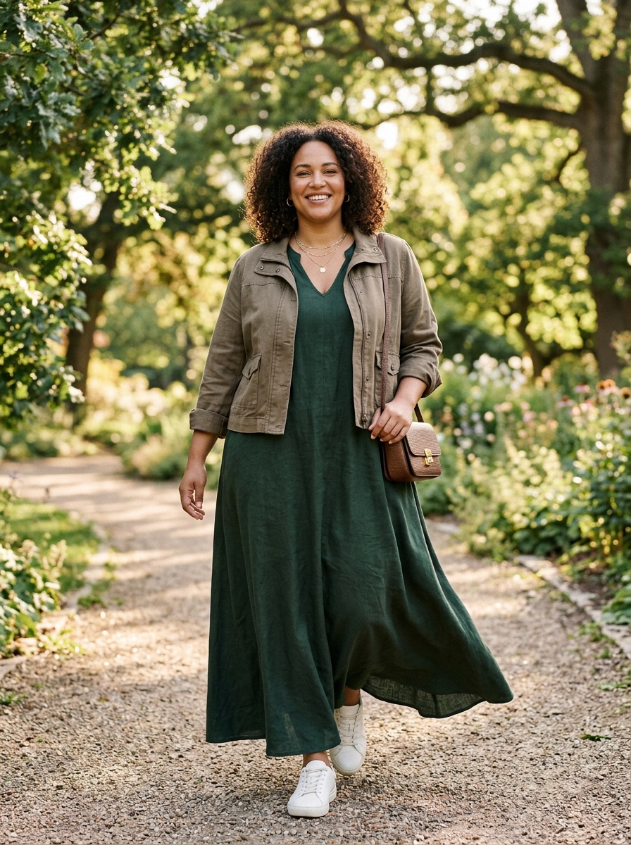 Dark Green Maxi Dress With a Cropped Utility Jacket