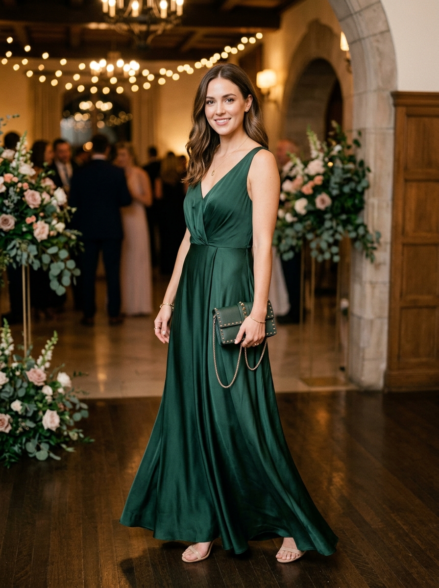 Dark Green Maxi Dress With a Studded Clutch
