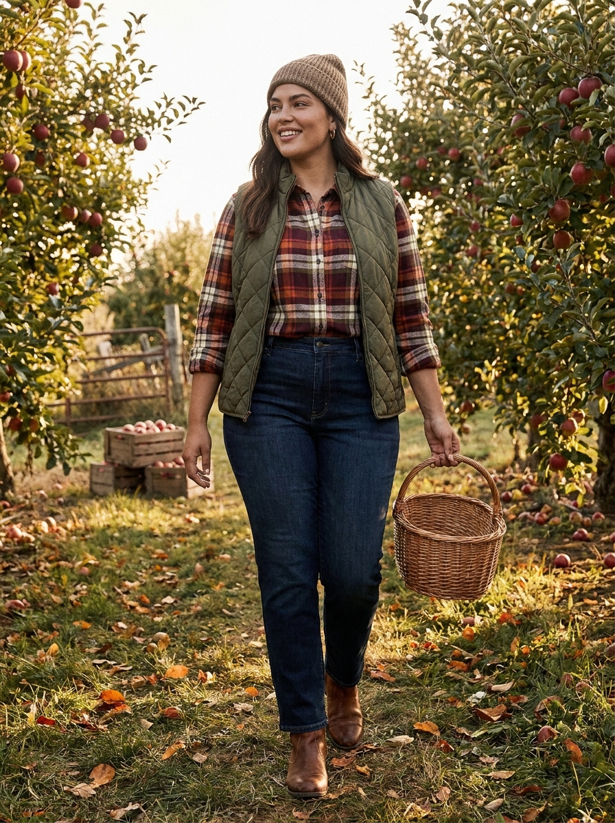 Dark Jeans With a Flannel Shirt and Puffer Vest
