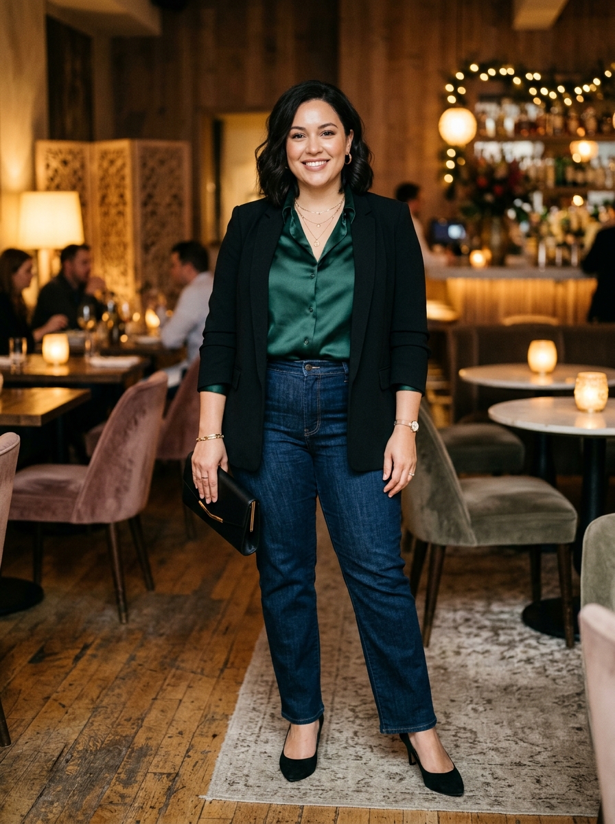 Dark Jeans With a Satin Blouse and Blazer