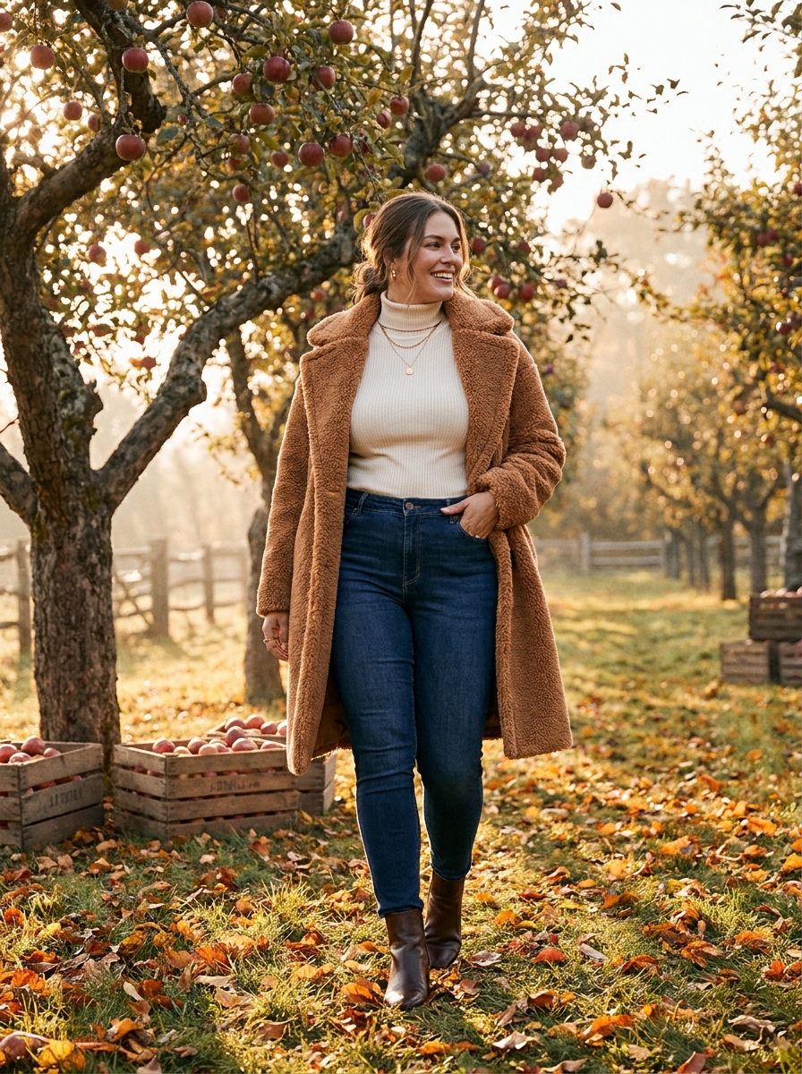 Dark Wash Jeans With a Turtleneck and Teddy Coat