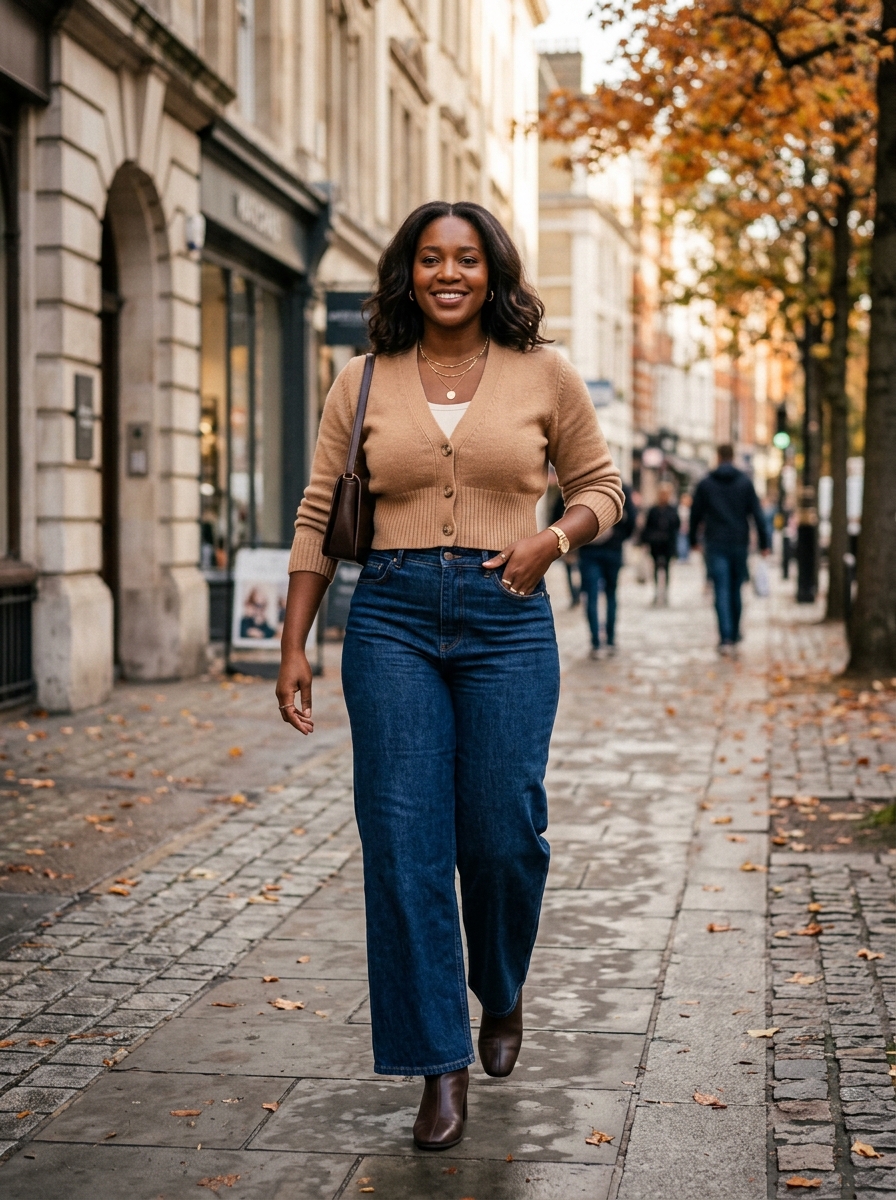 Dark Wide-Leg Jeans With a Cropped Cardigan