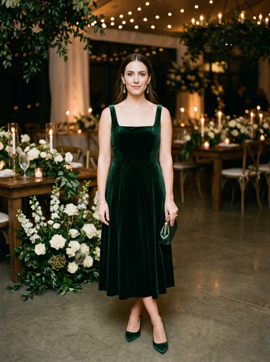 Deep Green Velvet Midi Dress With a Square Neckline