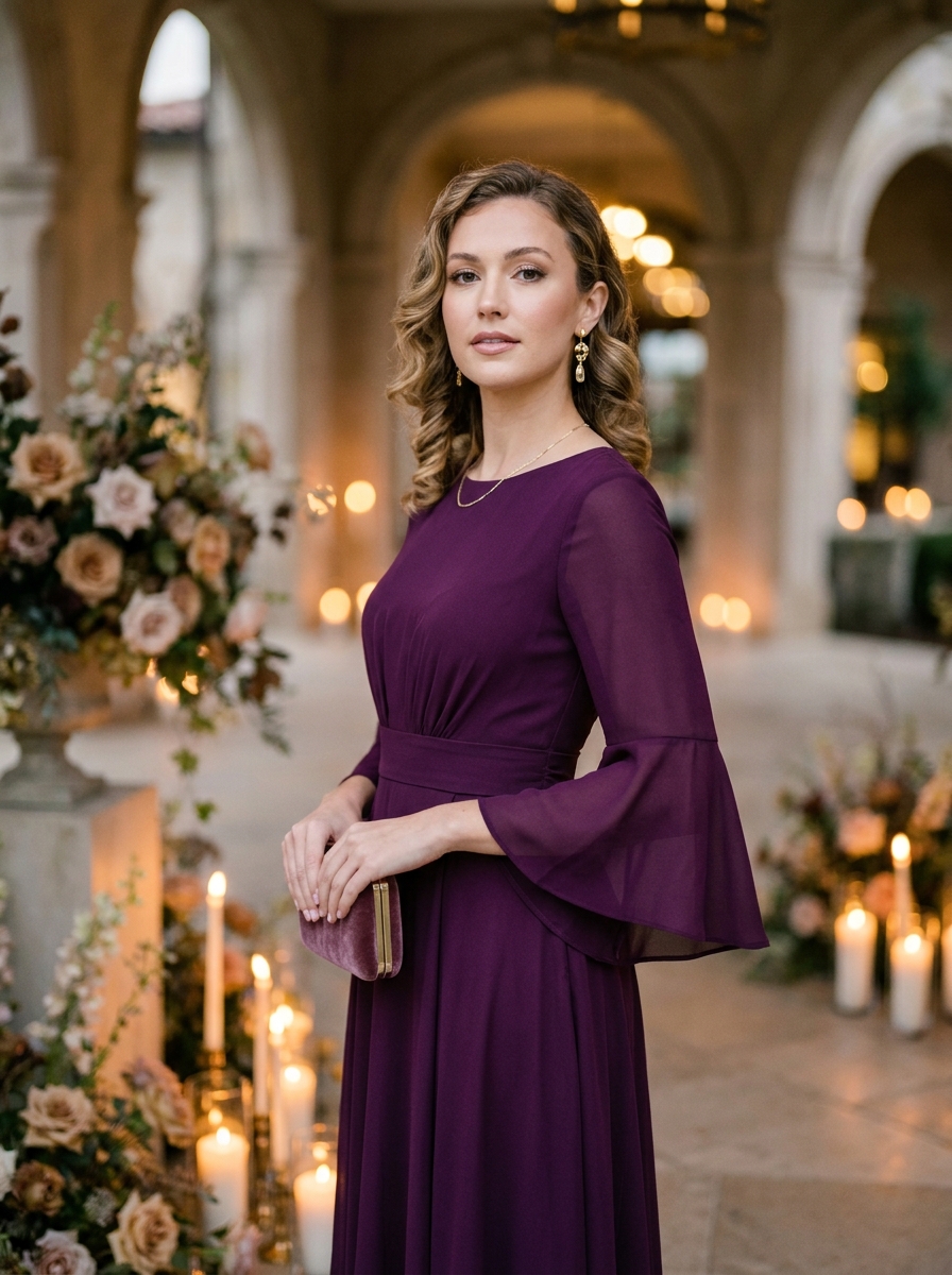 Deep Purple Dress With Bell Sleeves