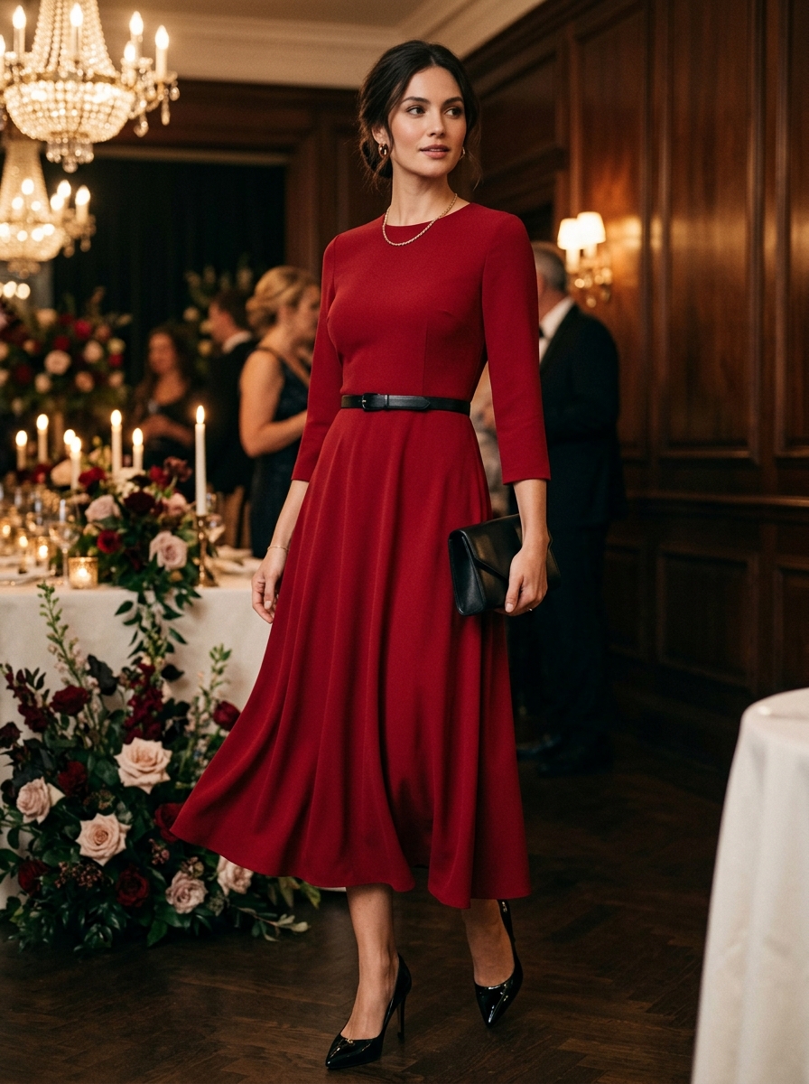 Deep Red Midi Dress With a Black Belt