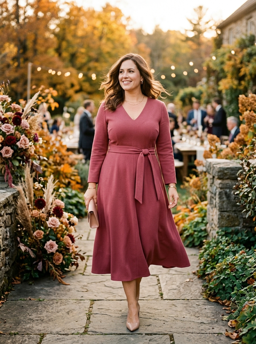 Deep Rose Belted Midi Dress