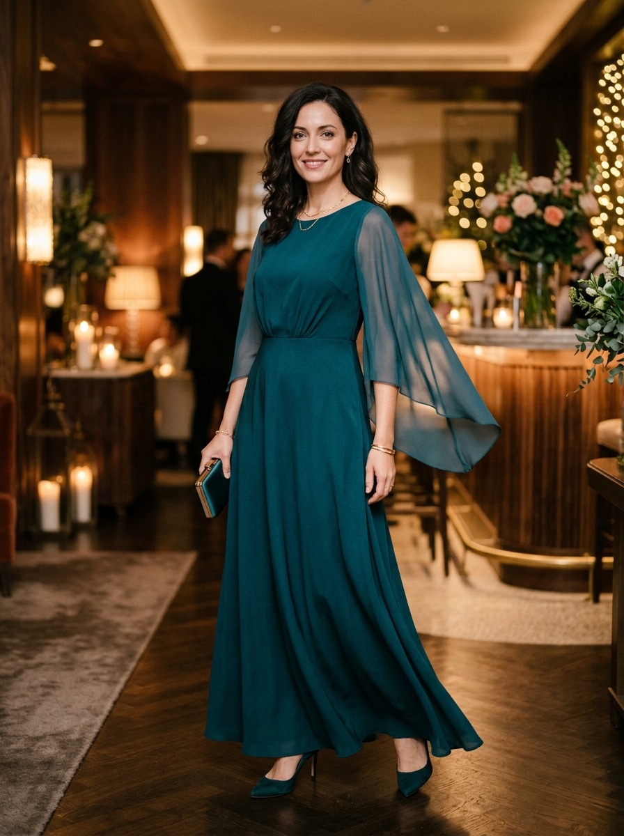 Deep Teal A-Line Dress With Chiffon Sleeves