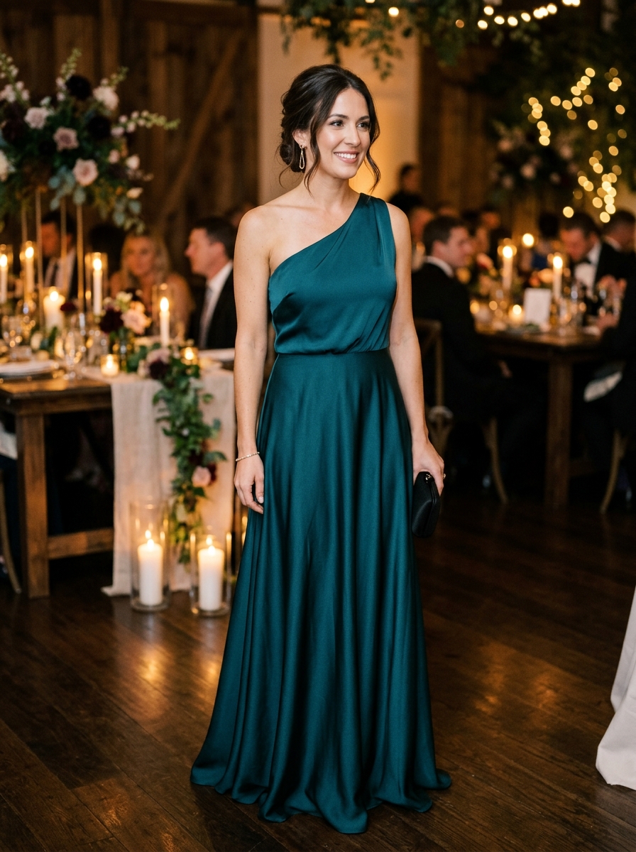 Deep Teal One-Shoulder Gown
