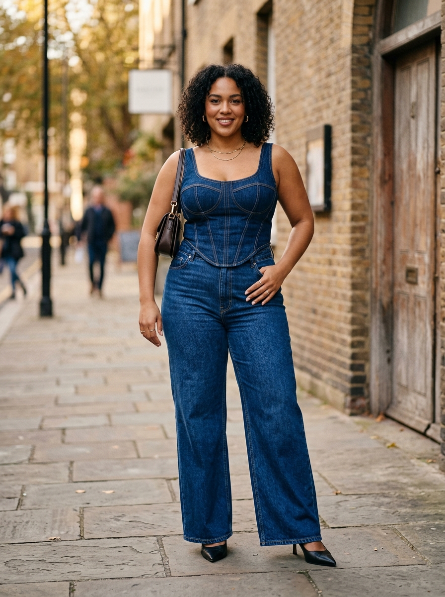 Denim Corset Top With Wide-Leg Jeans