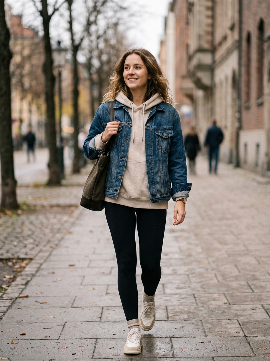 Denim Jacket Over a Hoodie and Thermal Leggings