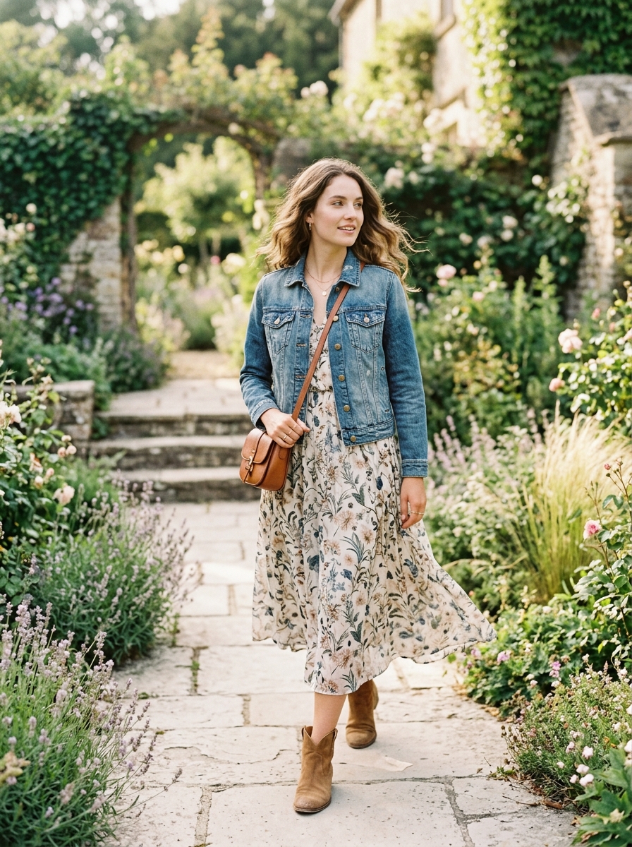 Denim Jacket With Flowy Floral Dress