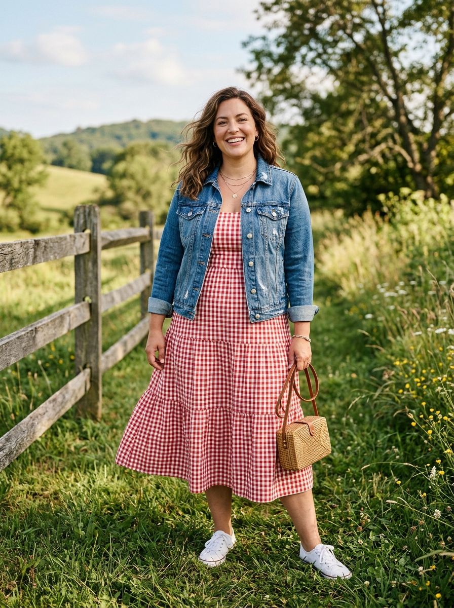 Denim Jacket With Gingham Dress