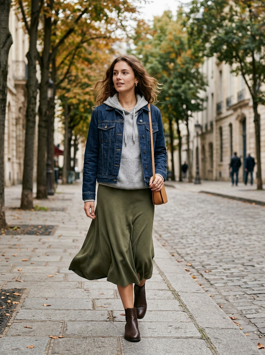 Denim Jacket With Hoodie and Knit Midi Skirt
