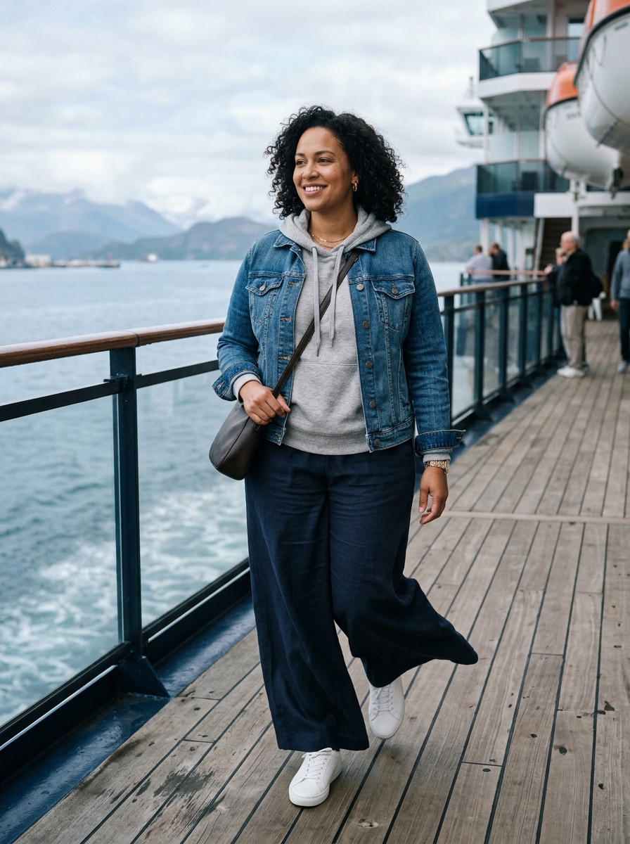 Denim Jacket With Hoodie and Wide-Leg Pants